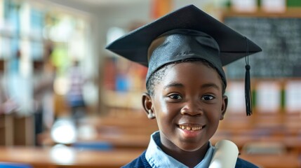 Wall Mural - Young Black Boy Proudly Holding Diploma in Classroom on Graduation Day
