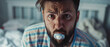 © Ai Studio - A quizzical man with a baby pacifier, an unexpected twist on grown-up life.