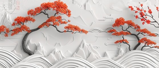 Aufkleber - This Japanese template contains waves, ribbons, trees, and icons as decorations. Brush stroke elements complement the oriental background.