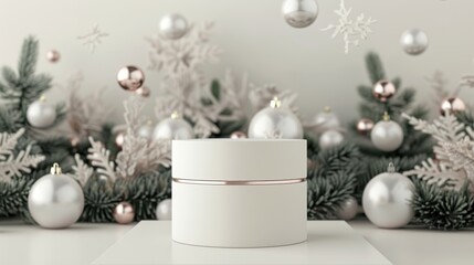 Leinwandbilder - 3D render of an empty cylinder box with Christmas balls in the background. Luxury cosmetic product display scene.