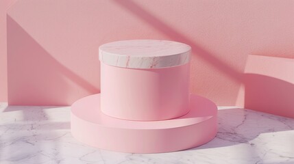 Leinwandbilder - Empty pink cylinder box on a duotone background with marble stone texture for product display. Spring summer concept. Flat lay. Top view. 3D rendering.