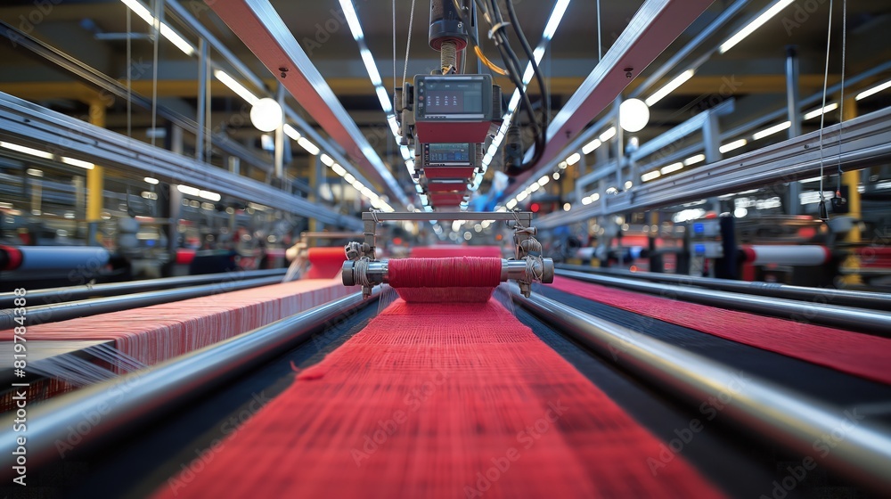 A high-tech textile factory with automated looms weaving smart fabrics ...