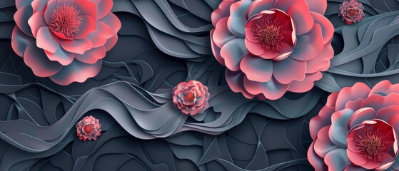 Poster - Geometric elements on a background with an abstract Japanese pattern. Asian-style peony flower decoration.