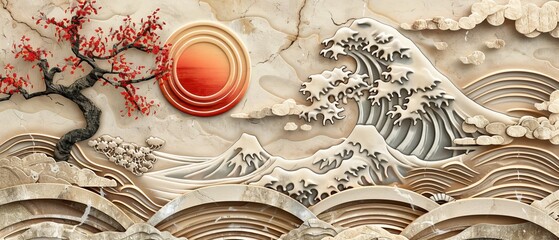 Aufkleber - In a vintage style, a Japanese background is combined with Asian traditional icon moderns. Bonsai, waves, and geometric elements have been combined.
