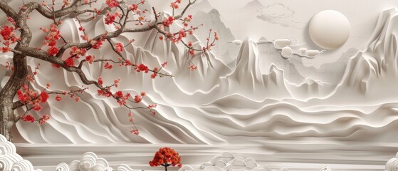 Wall Mural - A Japanese background design with traditional icons such as cherry blossom flower, bonsai tree, bamboo, cloud, and geometric elements in a vintage style.