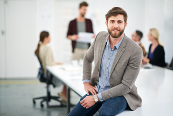 Poster - Businessman, portrait and coworking office for creative job, happy employee and company goals with pride for vision for growth. People, workplace and business meeting, project manager and male person