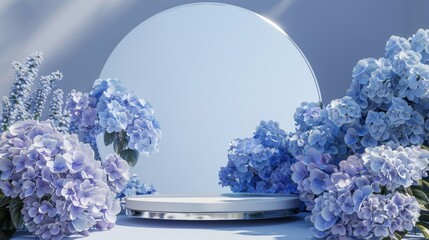 Sticker - Mirror podium backdrop with hydrangea flowers. 3D rendering.