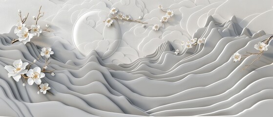 Poster - In this abstract art acrylic painting invitation card, there are floral elements and Japanese wave patterns.