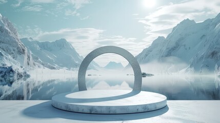 Aufkleber - In a view of the lake, an abstract winter scene with geometrical forms, an arch with a podium, and a minimal 3D landscape background is depicted...