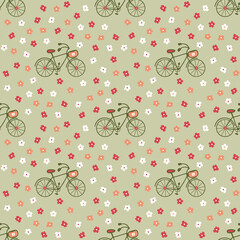 Biking bliss seamless pattern with simple daizy flowers. Summer aesthetic print for fabric, paper, textile. Hand drawn illustration.