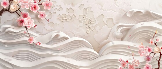 Aufkleber - A Japanese background modern with cherry blossom icons and wave symbols. An Oriental traditional poster with watercolor texture.