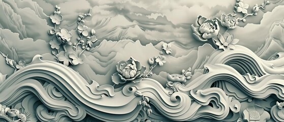 Poster - Vintage style Japanese seamless pattern with Japanese elements. Peonies, waves, and many other Asian elements.