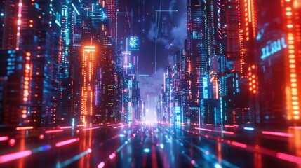 Wall Mural - 3d render futuristic city cyberpunk light glowing night scene landscape background. Generated AI