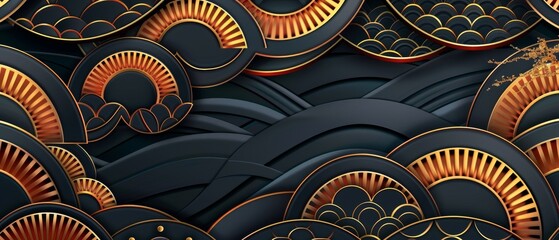 Poster - Oriental wedding invitation and frame background with geometric pattern and gold texture. Abstract template in Chinese style.