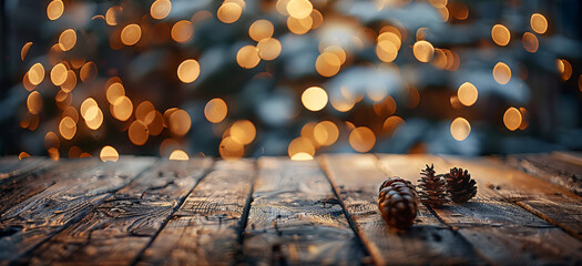 Aufkleber - Christmas background with empty wooden table over bokeh. Generative AI.