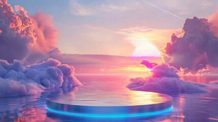 Sticker - Product display backdrop featuring a 3D seascape scene with dreamy clouds and neon lights.