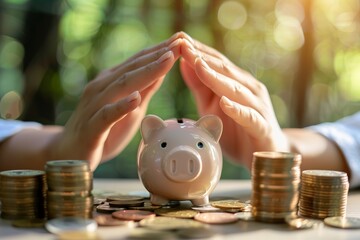 Hands protecting a piggy bank with stacked coins, symbolizing saving, financial security, and investment on a blurred natural background.