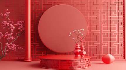Poster - The background is Chinese and the podium is used for displaying the product. Three dimensional rendering.