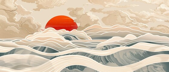 Poster - This is a modernized Japanese background with oriental elements. It has a geometric icon with ornaments depicting abstract landscapes with vintage influences.