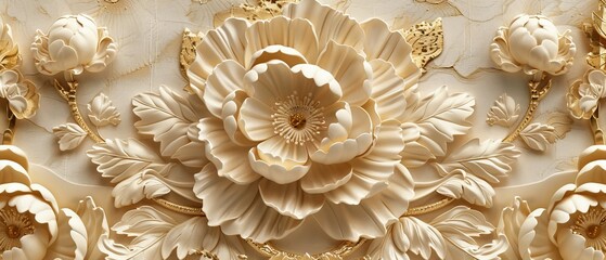 Poster - gold texture with floral pattern in luxury style with japanese icon and decoration elements.