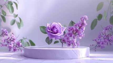 Poster - This is a natural beauty podium backdrop for product display with a purple rose flower. A 3D rendering is shown here.