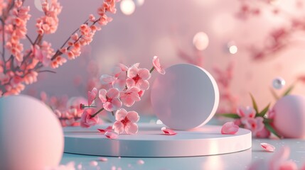 Poster - 3D rendering of a bokeh background with a podium for displaying a product.