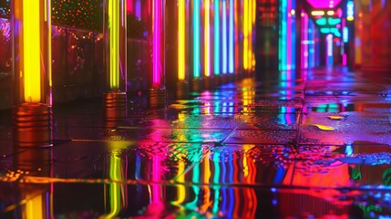 Poster - Neon lights cast vibrant reflections, brightening the night.