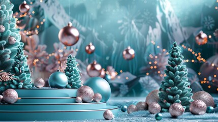 Poster - An abstract winter Christmas scene with geometrical shapes. A product stand is displayed against a surreal background.