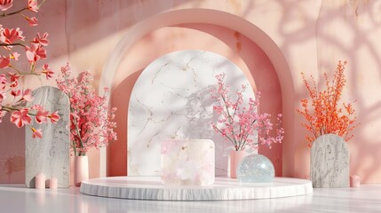 Poster - 3D rendering of a beauty podium backdrop with an abstract pastel stone pattern and iridescent floral design.