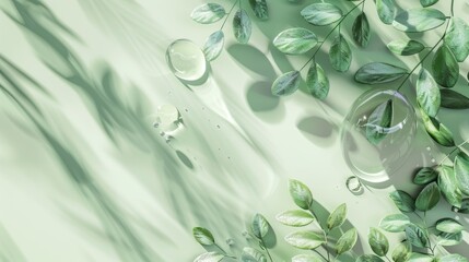 Leinwandbilder - An actual water drop on the ground with foliage shadow behind it for a product display. Flat lay. Top view. A 3D rendering of the scene.