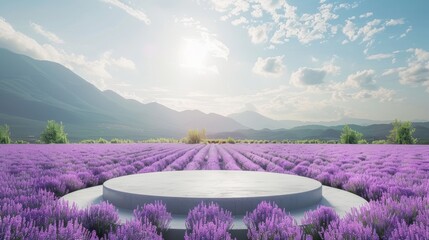 Sticker - The natural beauty of this podium backdrop with lavender field is rendered in 3D.