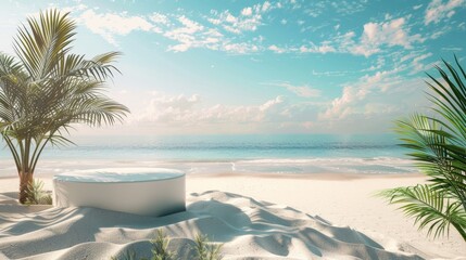 Canvas Print - Summer beach scene with product display podium. 3D rendering.