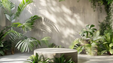 Leinwandbilder - Summer fern garden backdrop with natural beauty podium backdrop. 3D rendering.
