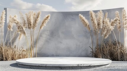 Poster - Backdrop for product display with a winter grass field scene. 3D render...