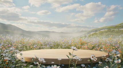 Poster - Spring flower field podium backdrop. 3D rendering.