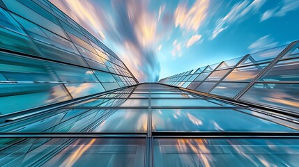 Poster - Modern city architecture, blue sky. Office skyscraper with glass facade, urban construction. Futuristic design, abstract reflection. Business downtown, steel structure. High tower,