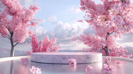 Poster - 3D rendering of natural beauty podium backdrop with spring sakura cherry blossom landscape...