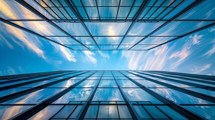 Wall Mural - Modern city construction, blue sky. Office skyscraper with glass facade, abstract reflection. Business building, urban downtown. Futuristic design, steel structure. High tower,