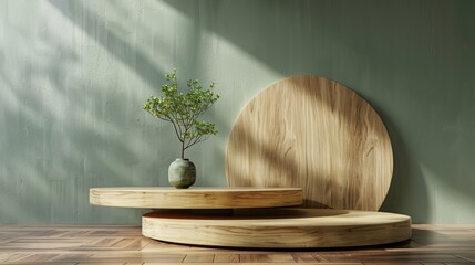 Poster - Product wooden podium background podium 3D base display stand circle wooden podium background empty texture beauty display shelf green round table spa wall design