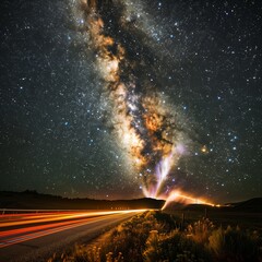 Night sky filled with stars, galaxy and milky way. Beautiful cosmic landscape, nature s astronomy. Dark road and car, traveling through universe. Starry night, astro capturing