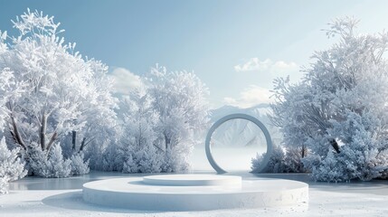 Leinwandbilder - Rendering of an abstract winter landscape with a podium for product display.