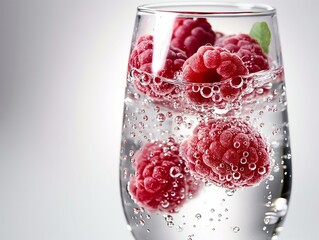 Wall Mural - champagne flute filled with sparkling water, the flute is adorned with droplets of condensation and garnished with fresh berries