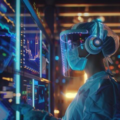 Poster - Technology, virtual digital future. Concept of reality computing with headset innovation. Connection in business with glasses, modern double network. Exposure interface and smart