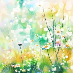 Flowers and grass landscape with a bokeh background in watercolor painting style.