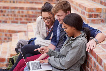 Aufkleber - University, students, and pointing at laptop for education, learning and tuition outdoor. People, study and college youth with tech for internet, connectivity and email for schedule with diversity