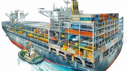 Detailed Cross-Section Illustration of Ocean Freighter with Diverse Cargo for Educational Maritime Logistics Content