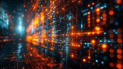 Poster - Abstract futuristic background; matrix-style digital building; technological city combined with electronic board