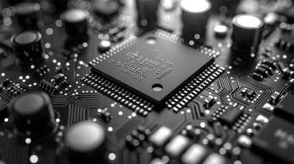 Leinwandbilder - The black and white background of an electronic board and CPU is abstract.