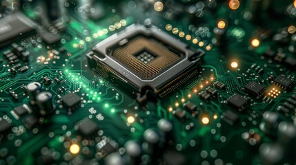 Poster - A dark-green toned background with an abstract electronic board and processor
