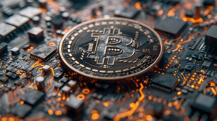 Fototapete - Concept of online trading using bitcoin symbol and electronic board